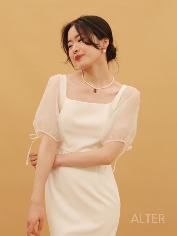 셀프 웨딩드레스 망사 퍼프 피로연 스퀘어넥 스냅 돌잔치 하얀색 XS - 상세 이미지 5