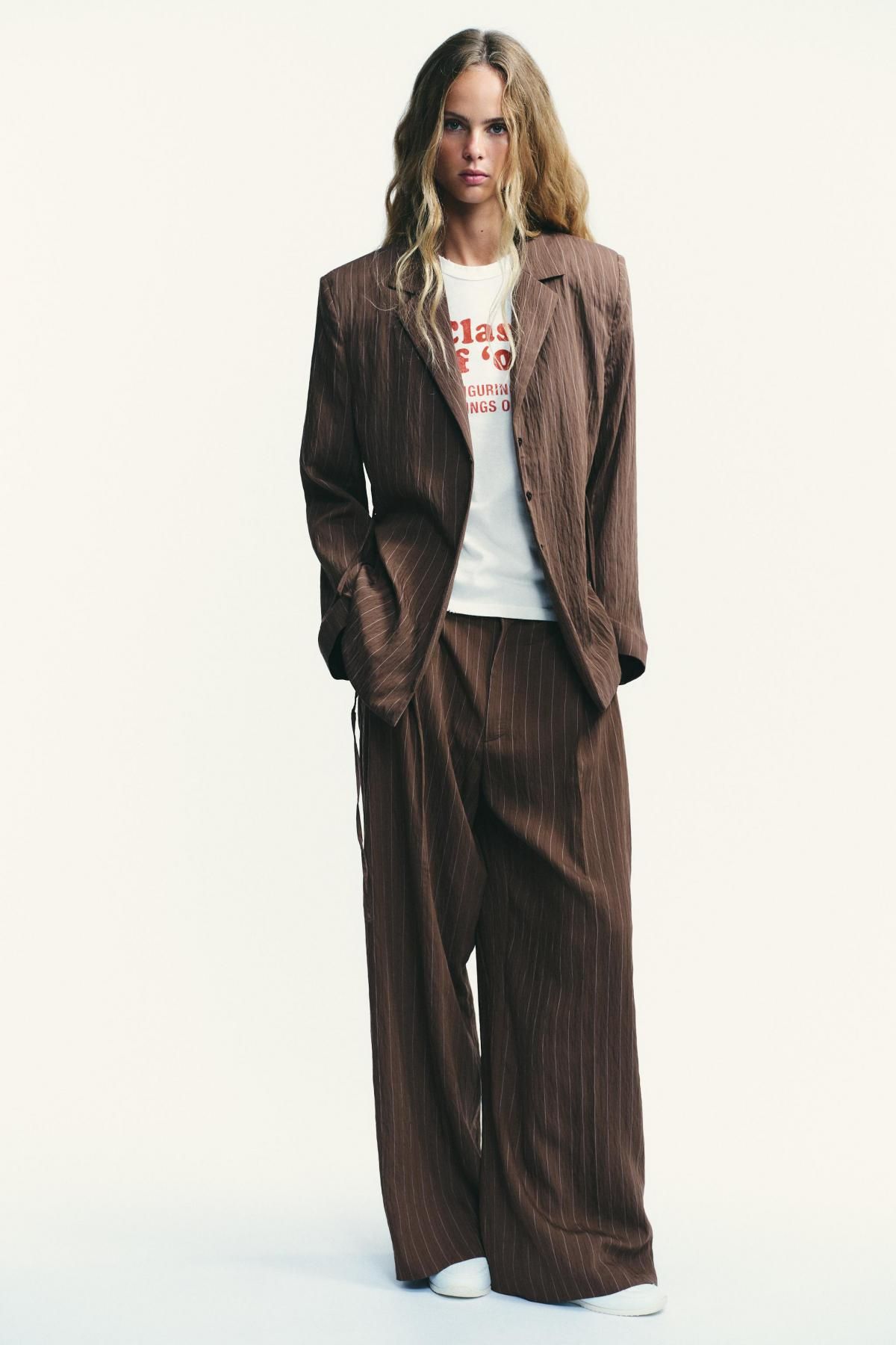 자라 와이드핏 스트라이프 하이웨이스트 더블플리츠 팬츠 4661/439 BROWN / ECRU - 상세 이미지 2