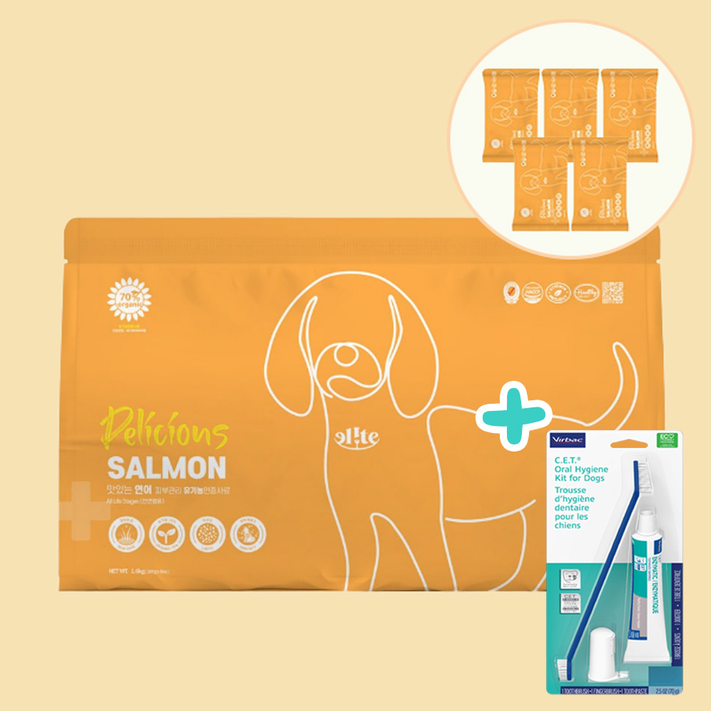 [버박닭고기맛치약세트+샘플5P] 엘릿 엘리트 유기농 강아지 사료 연어, 1.6kg, 1개