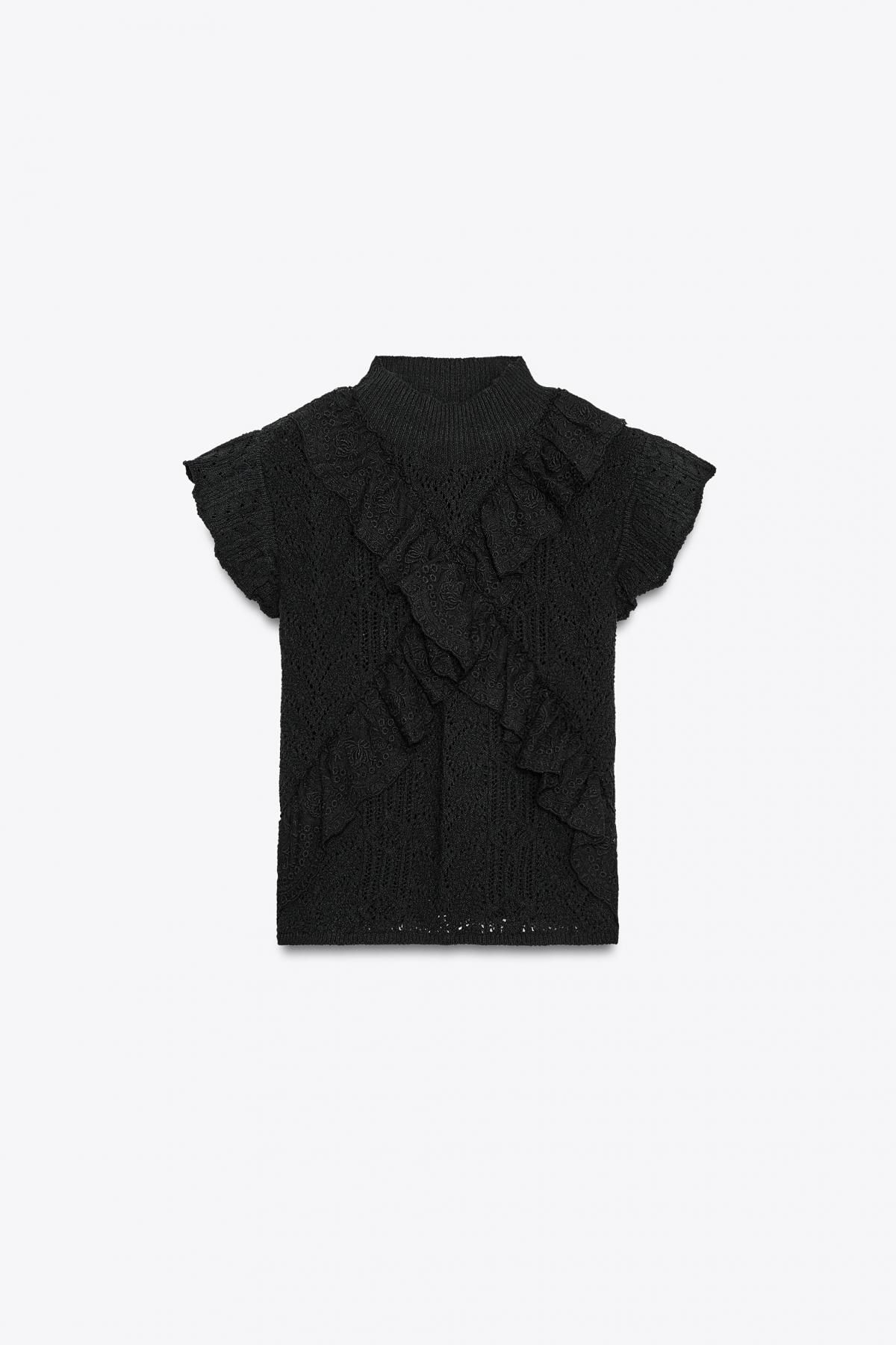 자라 러플 하이넥 포인텔 니트 반팔 블랙 탑 6236/108 BLACK - 상품 이미지