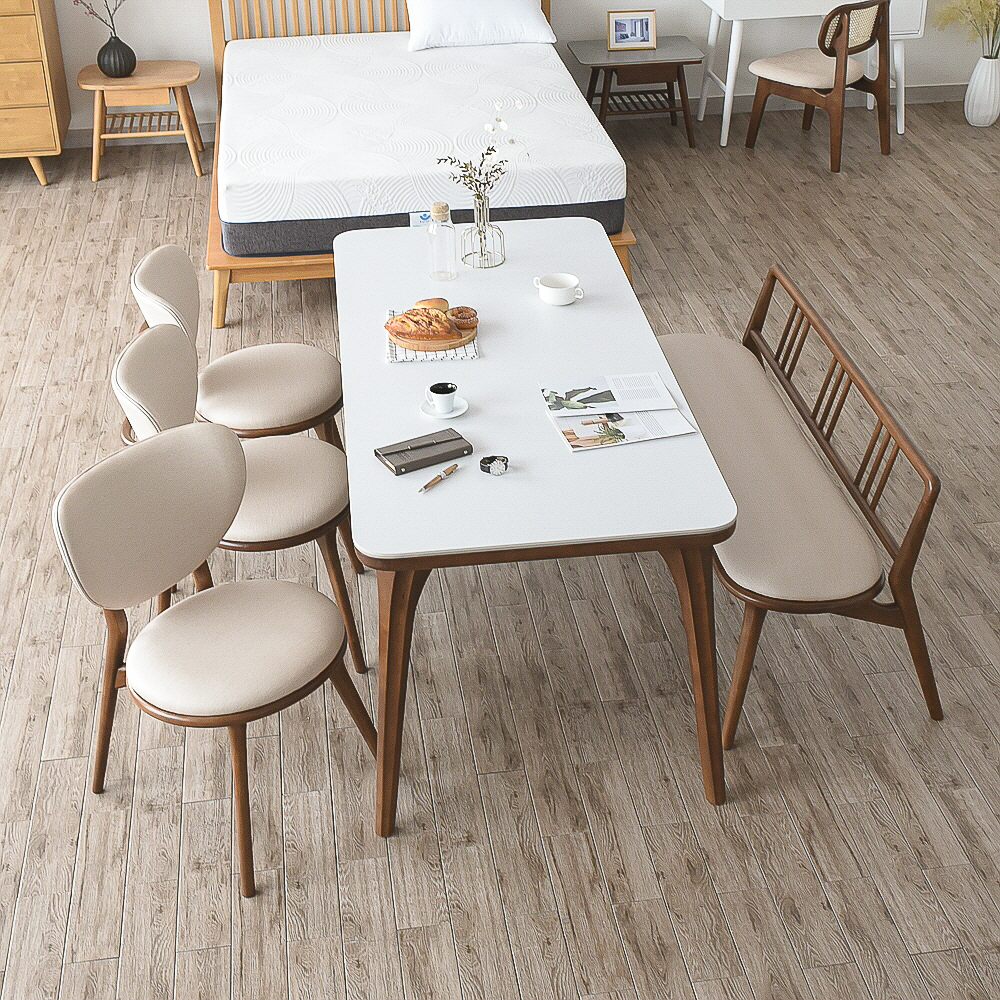 이즈네이처 줄리아 양면 포세린 세라믹식탁 6인용식탁 세트 식탁+의자3+3인벤치1, 2000mm, 월넛브라운