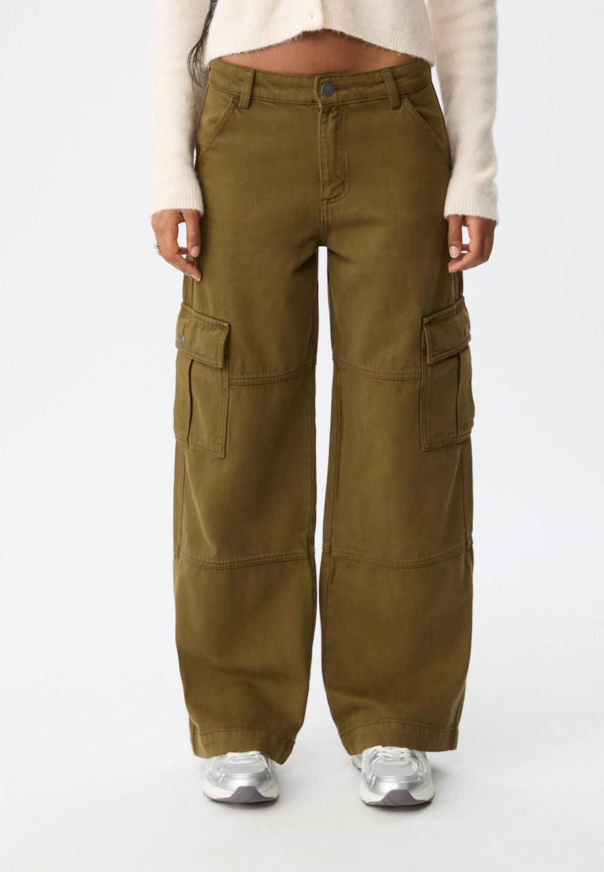 스트라디바리우스 미드라이즈 포켓 카고 스트레이트 와이드 팬츠 8274/351 OLIVE GREEN - 상품 이미지