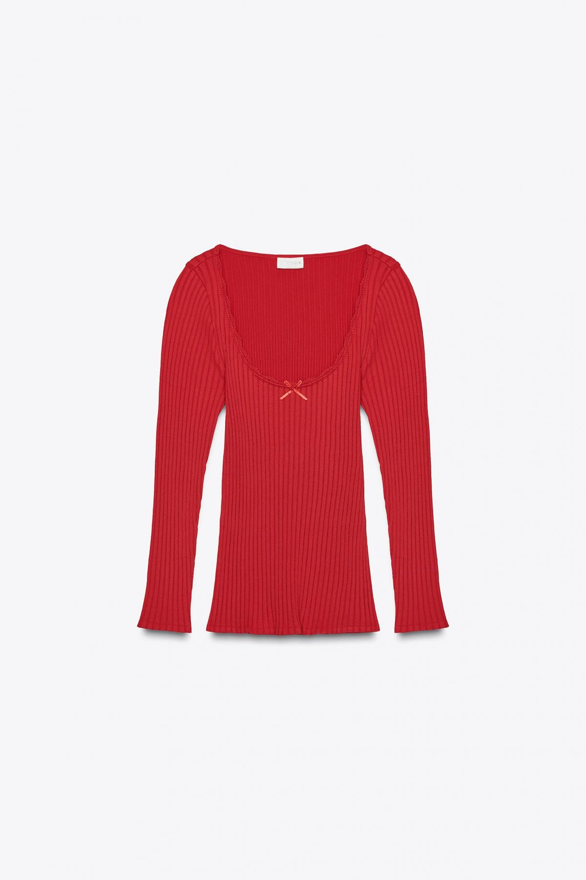 자라 리브드 슬림핏 라운드넥 리본 긴팔 티셔츠 5063/827 RED - 메인 이미지