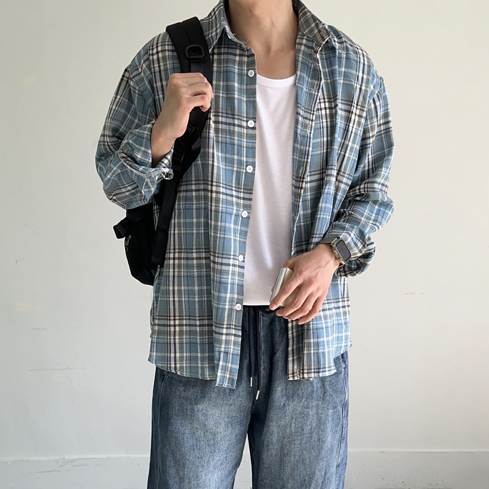 남자 체크셔츠 오버핏 타탄체크 봄 가을 겨울 남방 남자 셔츠 - 상세 이미지 2