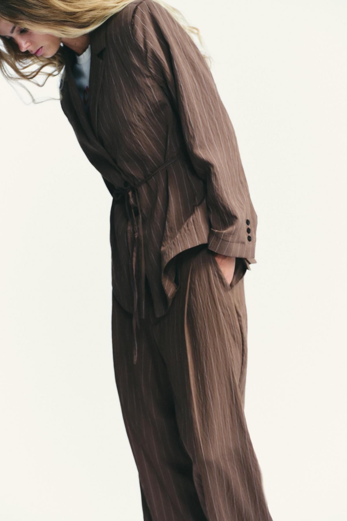 자라 스트라이프 숄더패드 벨티드 블레이저 2010/722 BROWN / ECRU - 상세 이미지 4