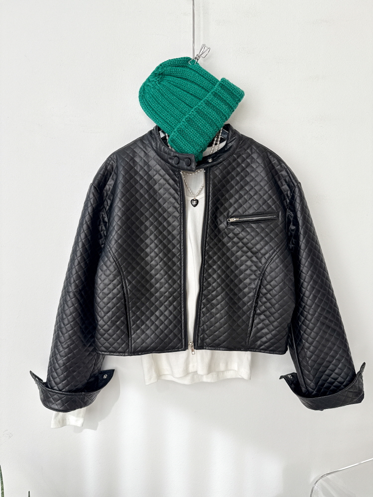 크롭 차이나카라 퀼팅 누빔 레더 자켓
