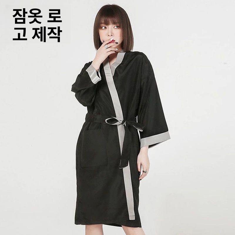 실크 로브가운 웨딩 가운잠옷 여름 라운지 프린트 가운 커플잠옷 잠옷세트 수면잠옷 순수블랙 중장기 꼬임실 프리사이즈 - 상세 이미지 4