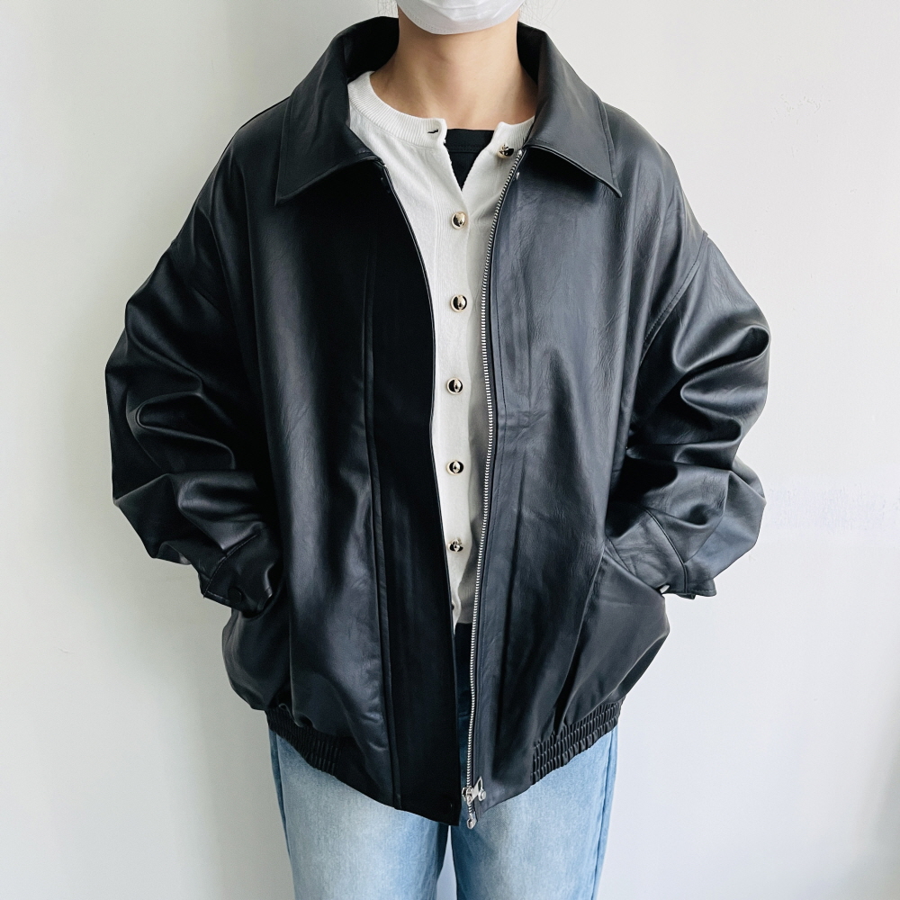 가죽자켓 여성 오버핏 레더 블루종 브라운 아이보리 블랙 자켓 - 상세 이미지 3