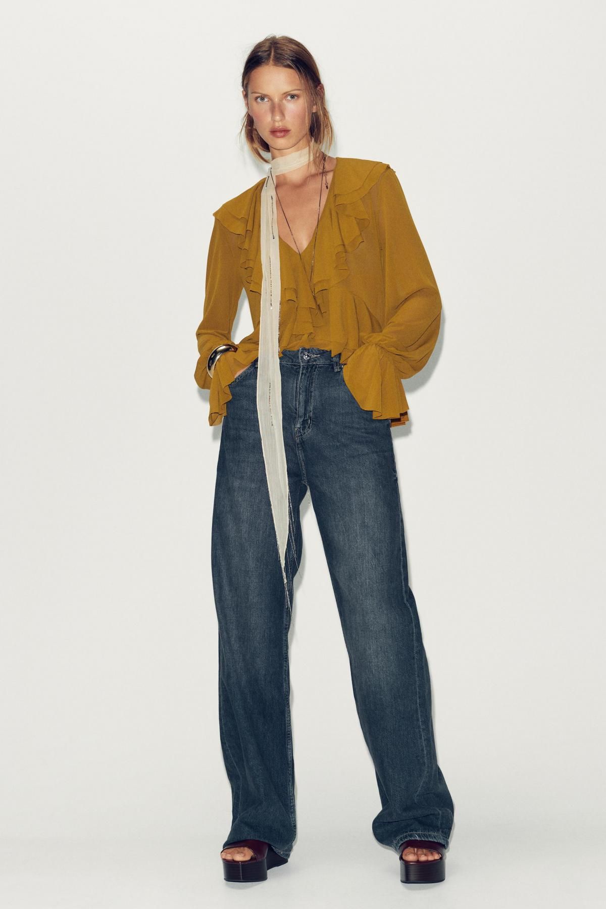 자라 러플 브이넥 플루이드 블라우스 5039/211 OLIVE GREEN - 상세 이미지 2