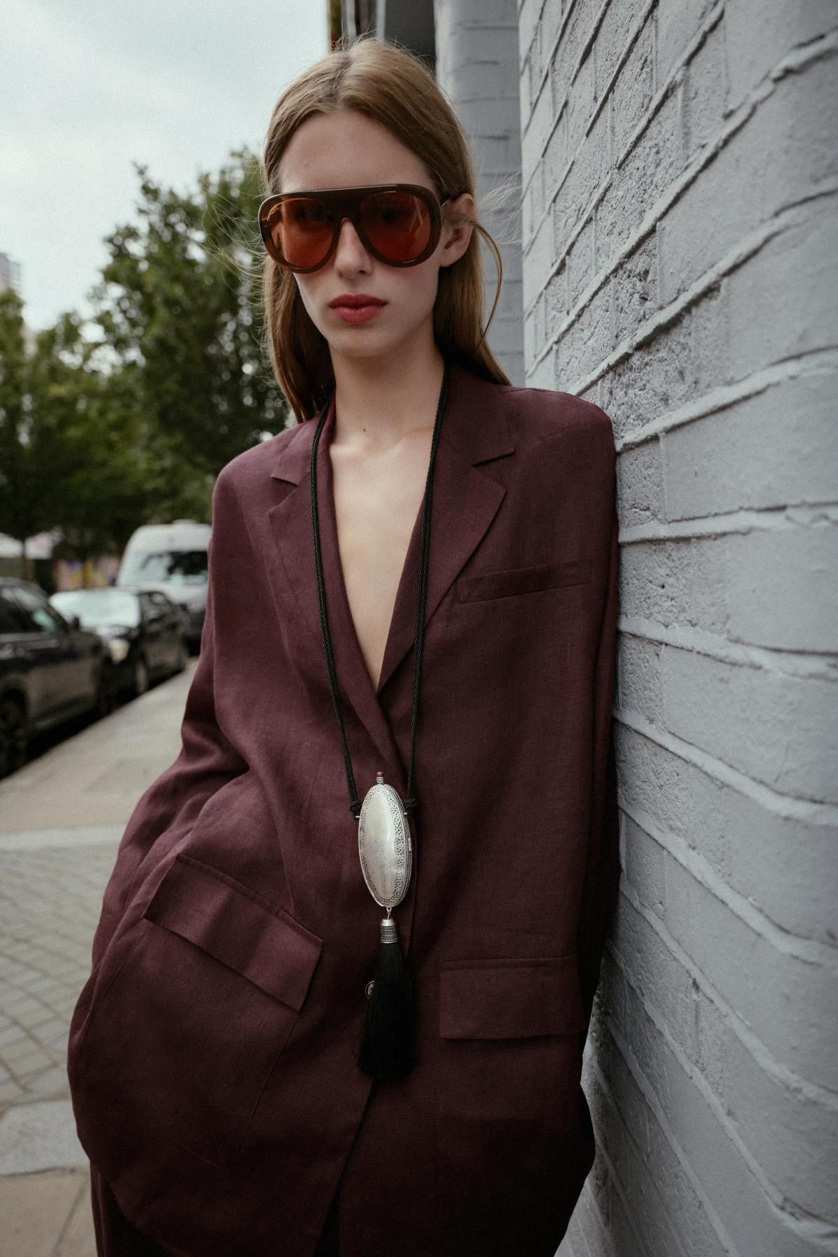 자라 린넨 오버핏 테일러드 블레이저 재킷 8750/386 AUBERGINE - 상세 이미지 3