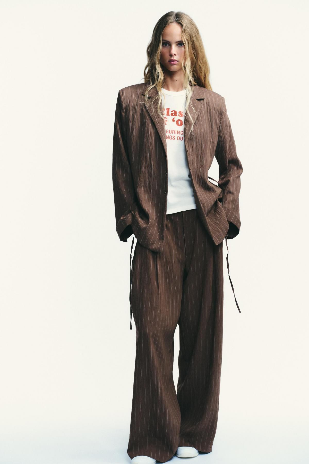 자라 스트라이프 숄더패드 벨티드 블레이저 2010/722 BROWN / ECRU - 상세 이미지 2