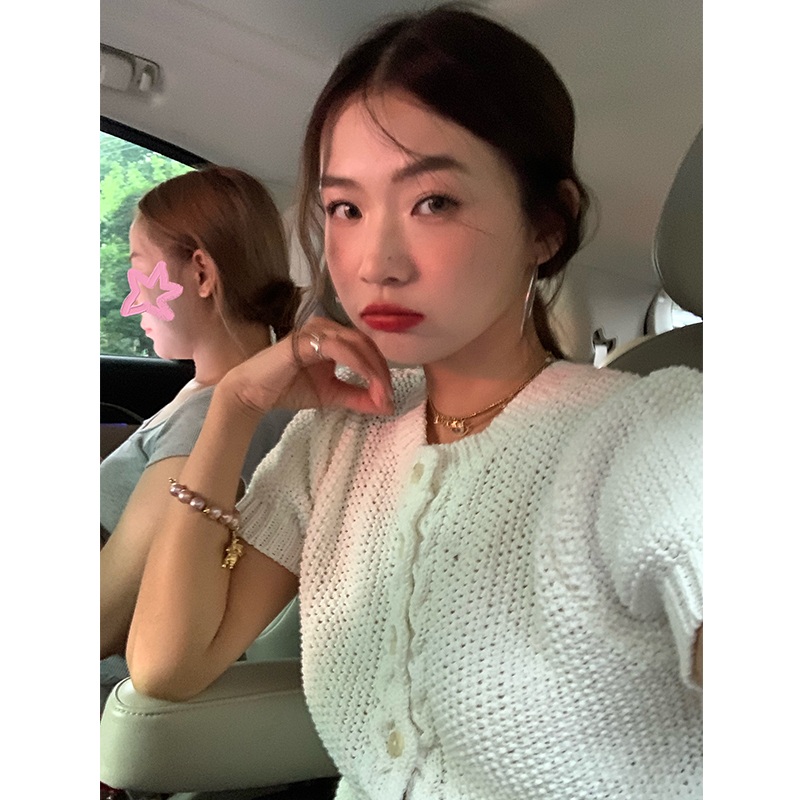꼬임단추 얇은 라운드넥반팔가디건 뜨개 크롭 짧은스타일 청순 클래식 데일리 면75 화이트 - 상세 이미지 4