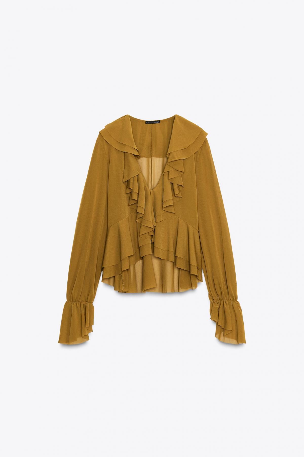 자라 러플 브이넥 플루이드 블라우스 5039/211 OLIVE GREEN - 메인 이미지
