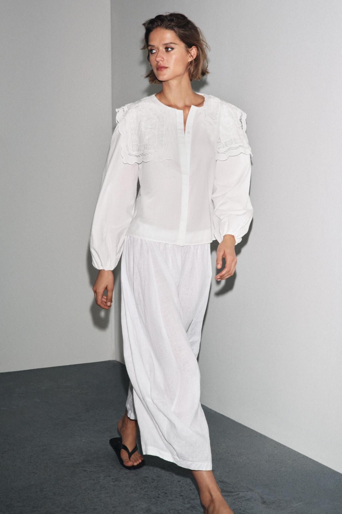 자라 프리미엄 자수 카라 코튼 포플린 블라우스 6895/243 OYSTER-WHITE - 상세 이미지 2