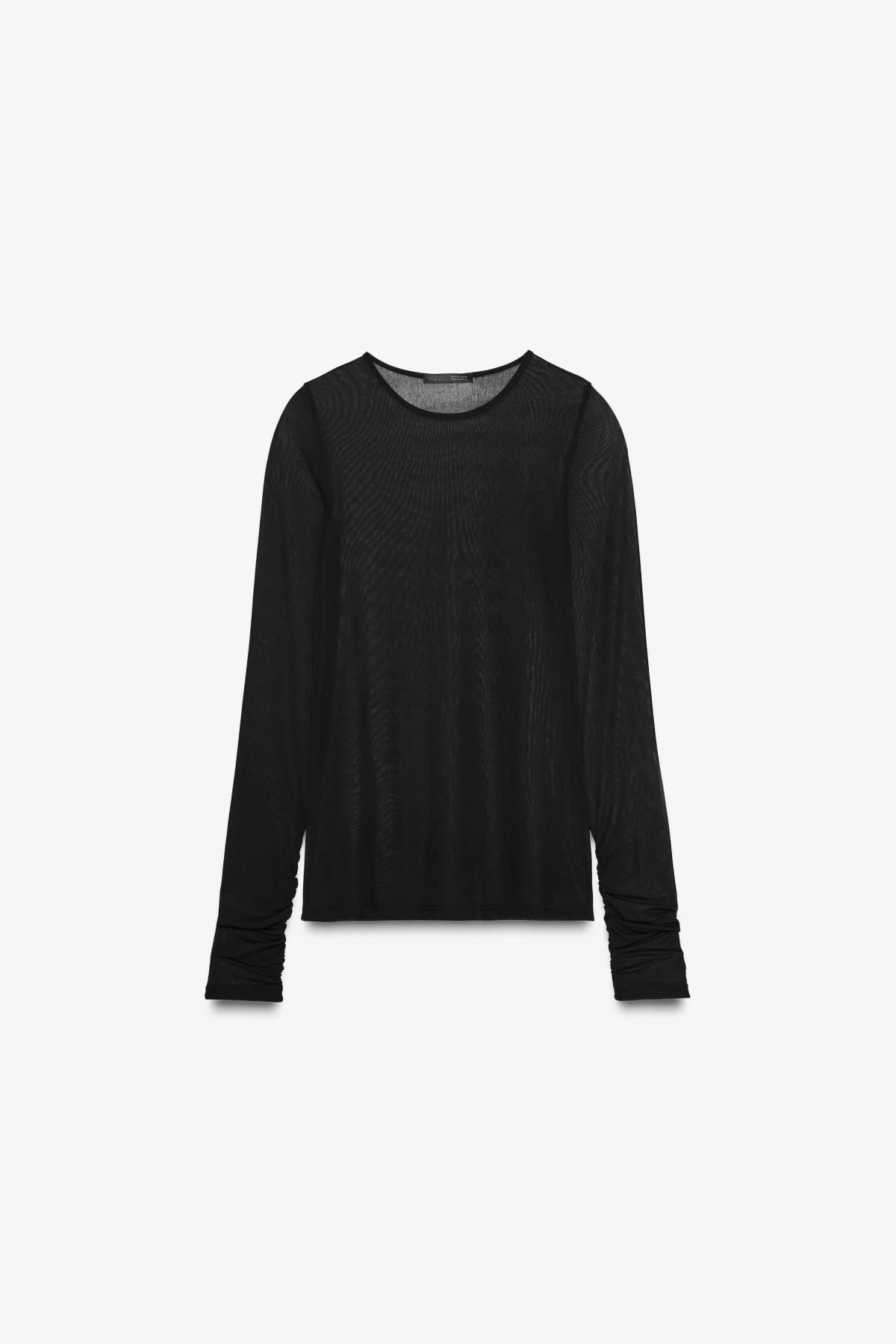 자라 시스루 테크니컬 셔링 라운드넥 긴팔 티셔츠 1165/850 BLACK - 상품 이미지