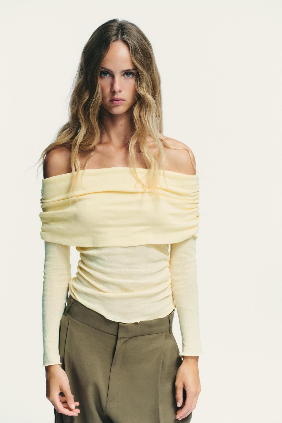 자라 트렌디 오프숄더 셔링 긴팔 티셔츠 5644/855 LIGHT YELLOW - 상세 이미지 3
