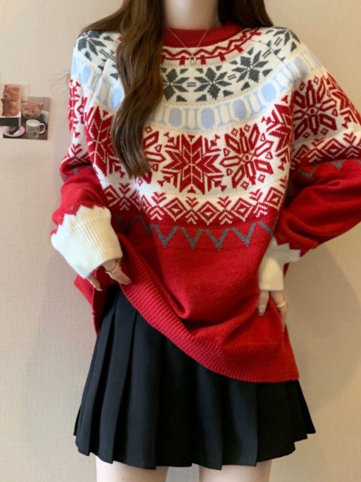 눈꽃니트 노르딕 어글리 스웨터 크리스마스 파티룩  레드 스웨터 초가을 초가을 2023년 L 50.0-57.5kg