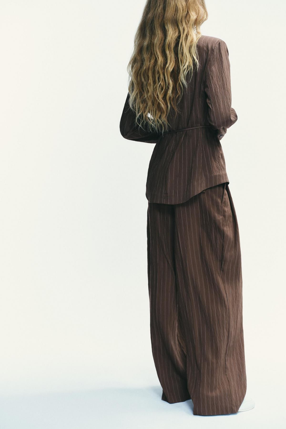 자라 와이드핏 스트라이프 하이웨이스트 더블플리츠 팬츠 4661/439 BROWN / ECRU - 상세 이미지 5