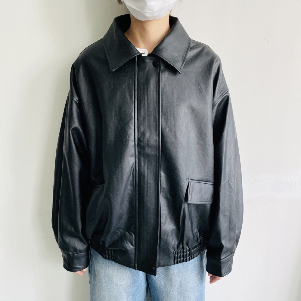가죽자켓 여성 오버핏 레더 블루종 브라운 아이보리 블랙 자켓 - 상세 이미지 4