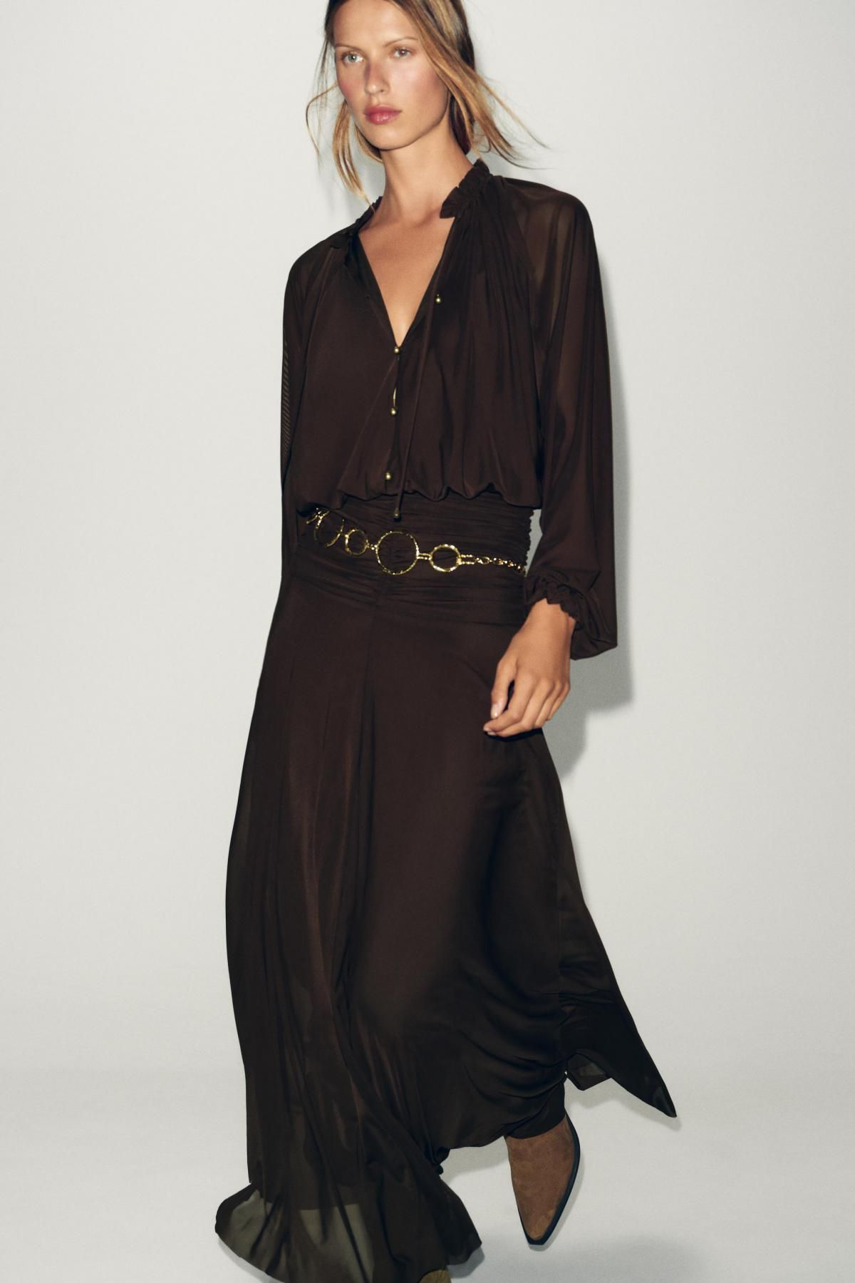 자라 드레이프 브이넥 스트링 롱 원피스 5039/208 DARK BROWN - 상세 이미지 3