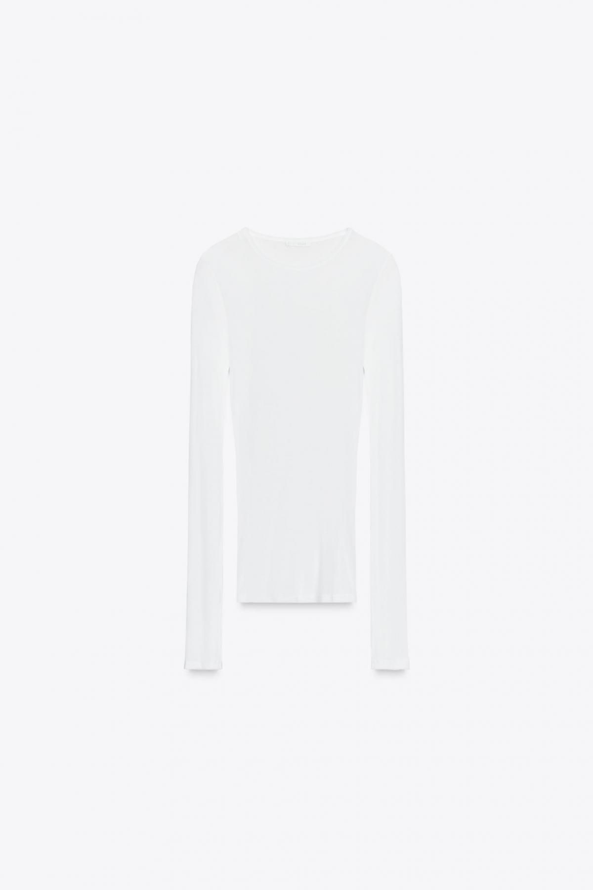 자라 프리미엄 수피마 코튼 슬림핏 라운드넥 긴팔 티셔츠 0858/613 WHITE - 상품 이미지