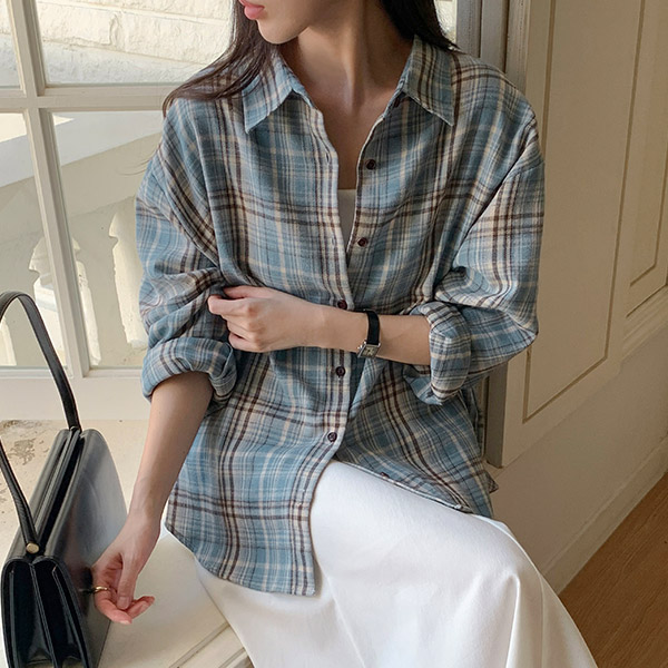 [자체제작] [루즈핏 체크셔츠] 블루 체크 긴팔 남방 오버핏 가을 데일리 셔츠 bs8340