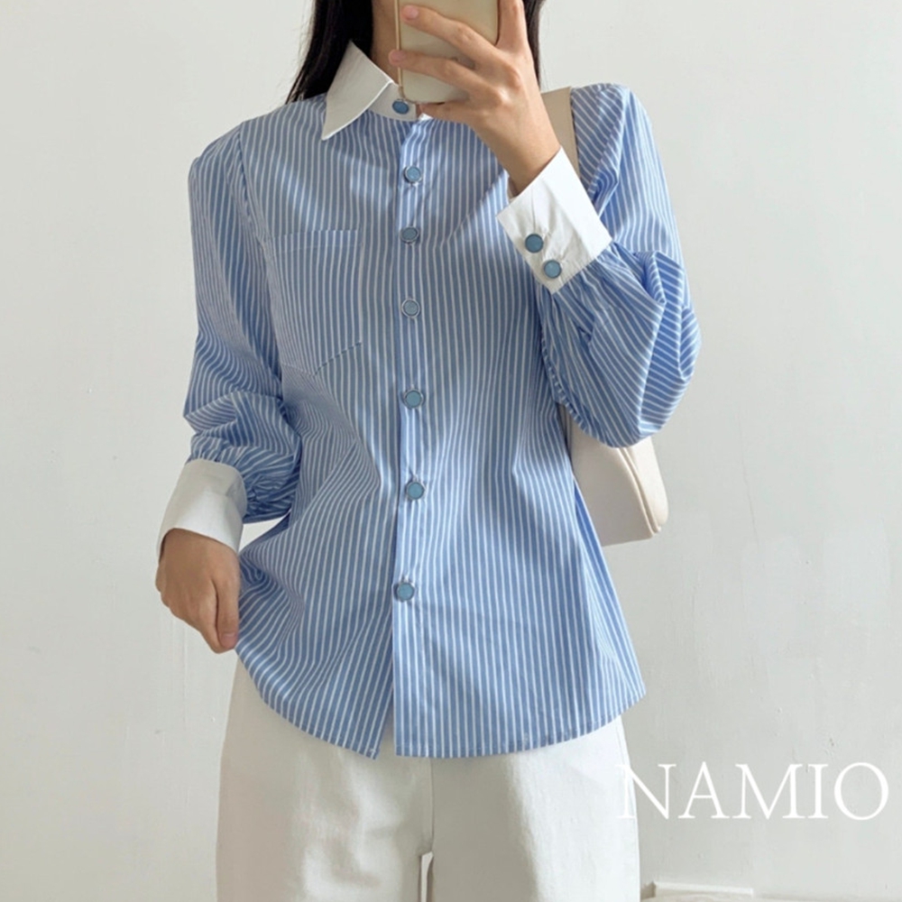 셔츠형블라우스 오픈카라 스트라이프 블루 출근룩 가을 블라우스 - 상품 이미지