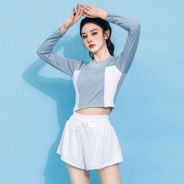 은창)하이 웨이스트 밴딩 스포티 래쉬가드 수영복 블랙-M - 상품 이미지