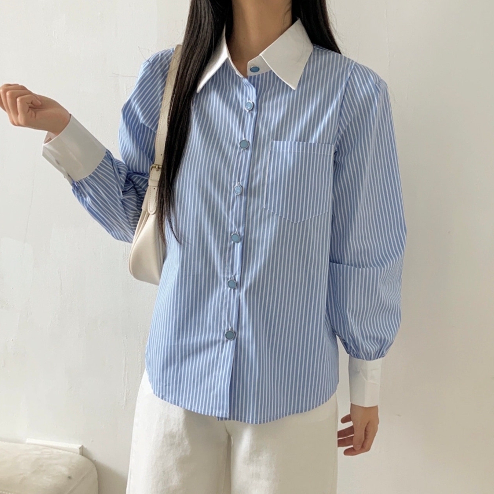 셔츠형블라우스 오픈카라 스트라이프 블루 출근룩 가을 블라우스 이미지 6