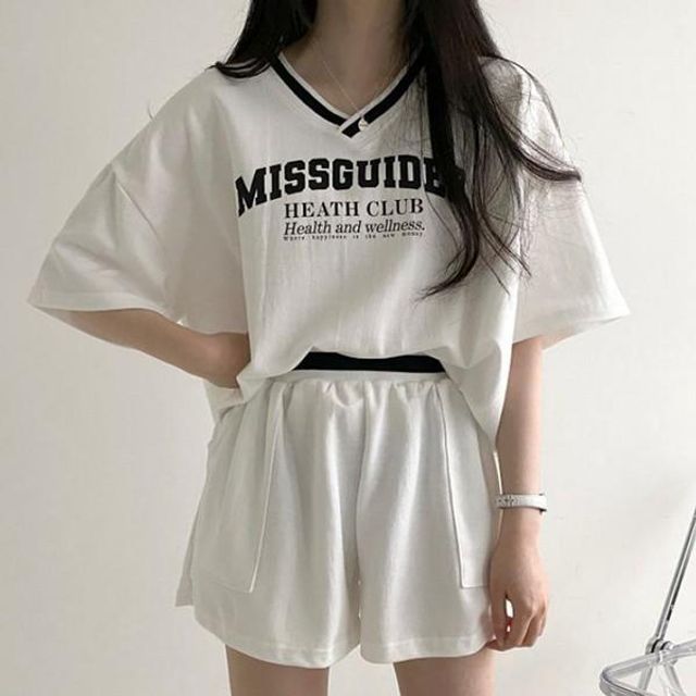 여성 2컬러 루즈핏 배색 브이넥 반팔 셋업 그레이 - 상품 이미지