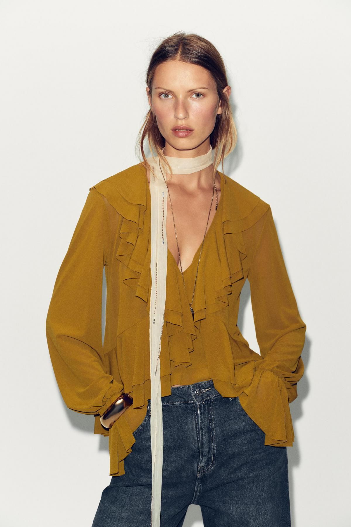 자라 러플 브이넥 플루이드 블라우스 5039/211 OLIVE GREEN - 상세 이미지 3