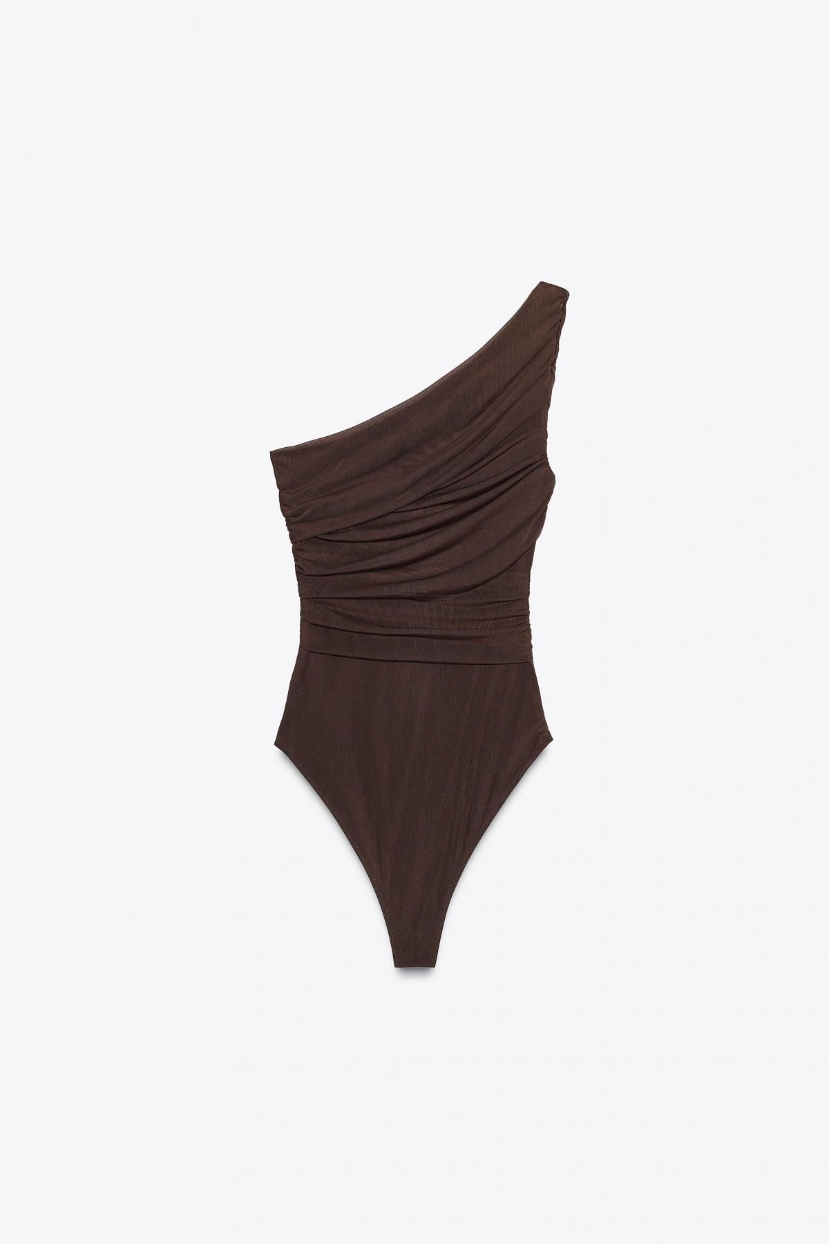 자라 트렌디 비대칭 드레이프 튤 바디슈트 5039/831 DARK BROWN - 상세 이미지 4
