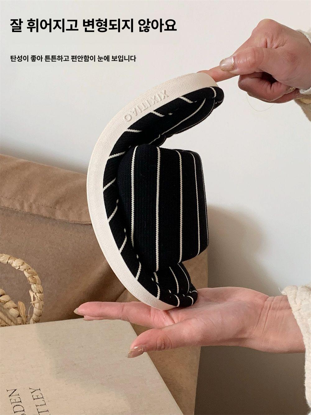 심플 스트라이프 슬리퍼 패브릭 코튼린넨 더블라인 실내화 사무실 가정용 겸용 신발 화이트브라운 36-37 - 상세 이미지 3