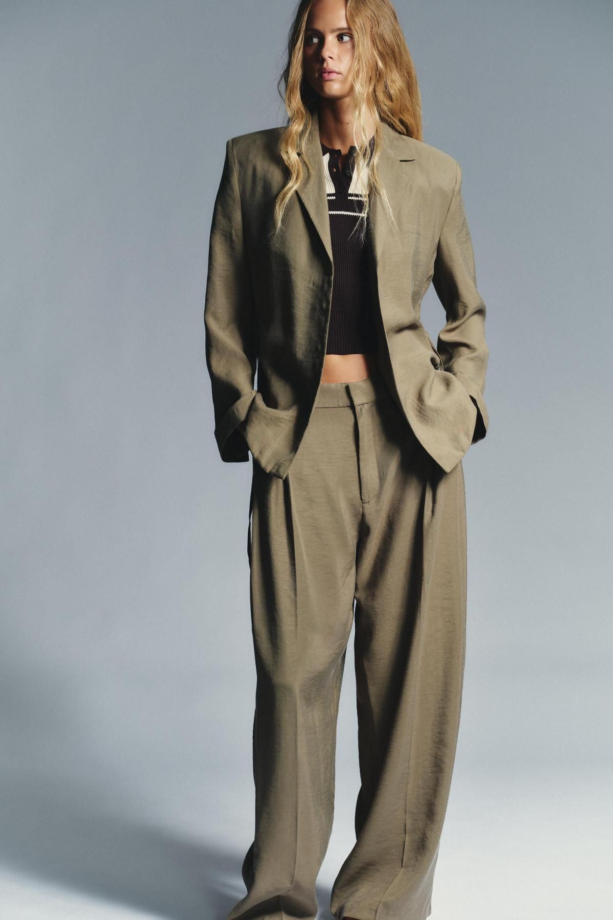 자라 테일러드 플루이드 패브릭 숄더패드 벨트 재킷 2010/721 DARK KHAKI - 상세 이미지 4