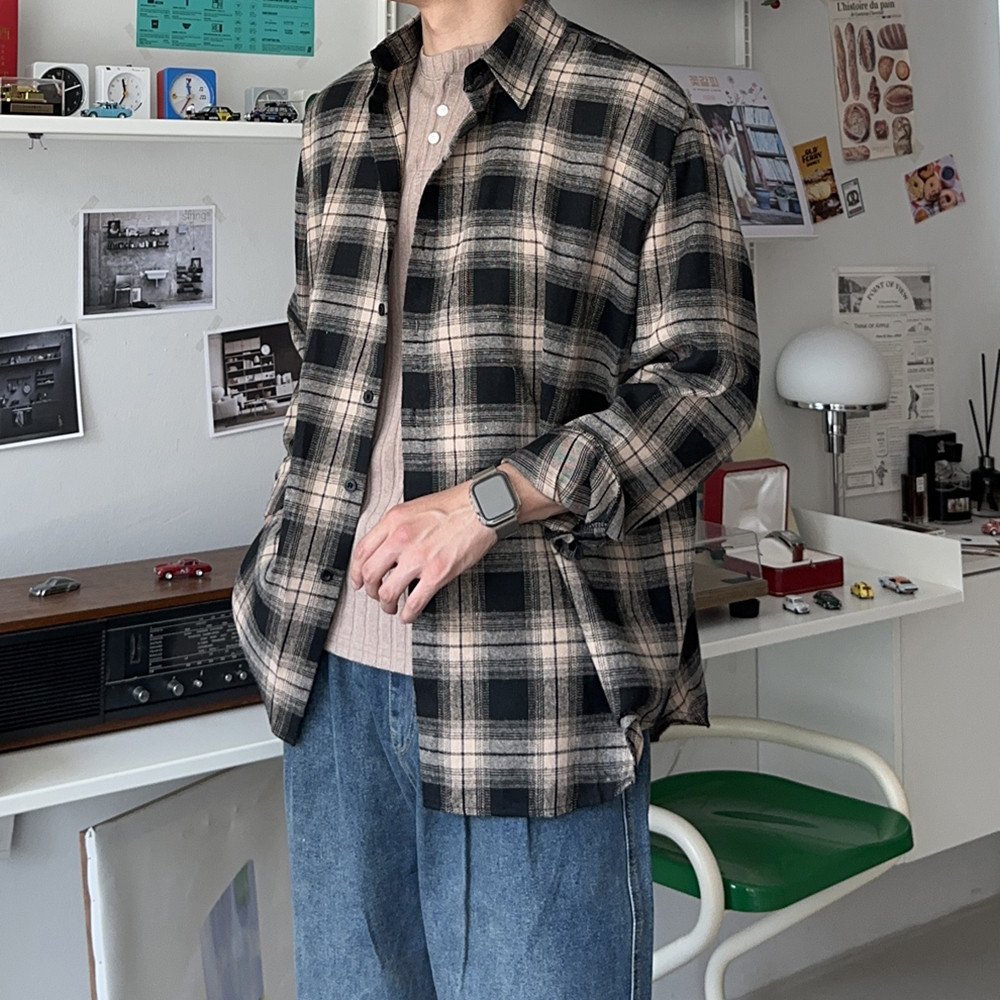 남자 체크셔츠 오버핏 타탄체크 봄 가을 겨울 남방 남자 셔츠 - 상세 이미지 3