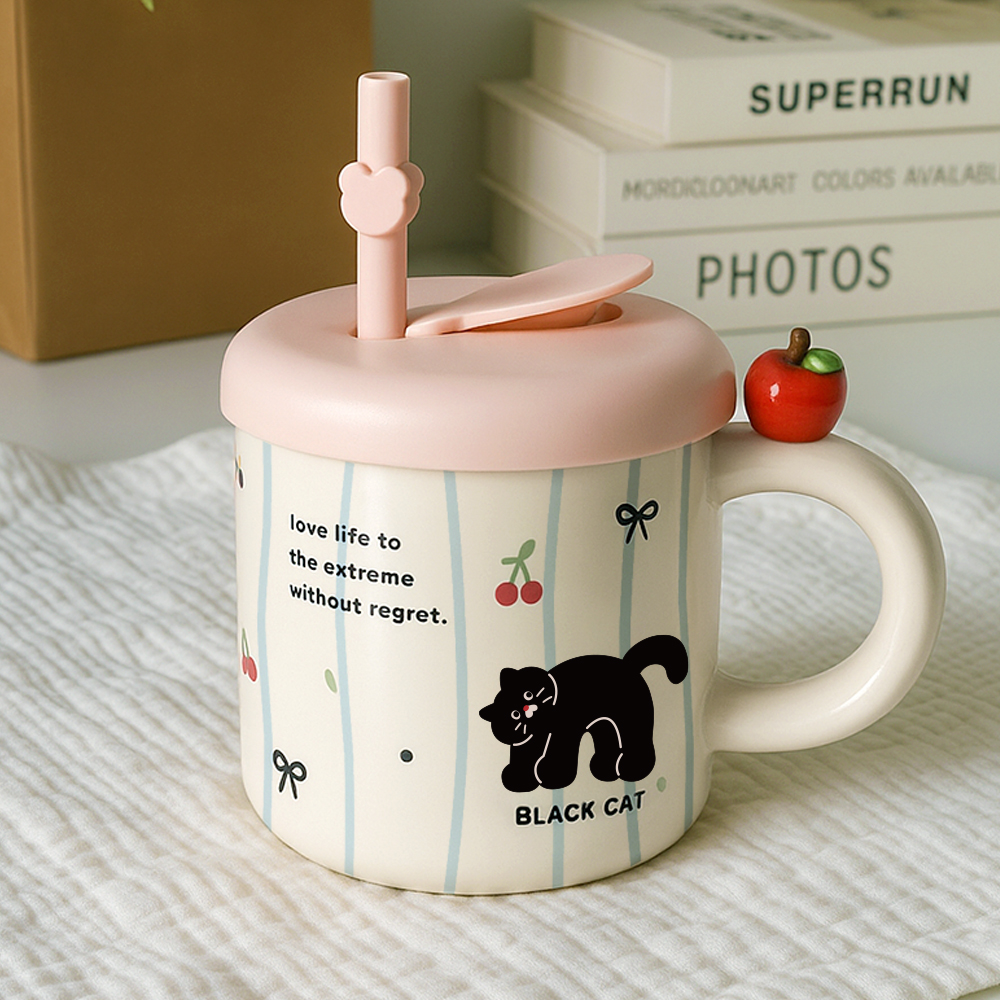 레토 머그컵 딸기 스푼 뚜껑 집들이 크리스마스선물 패키지 세트 400ml