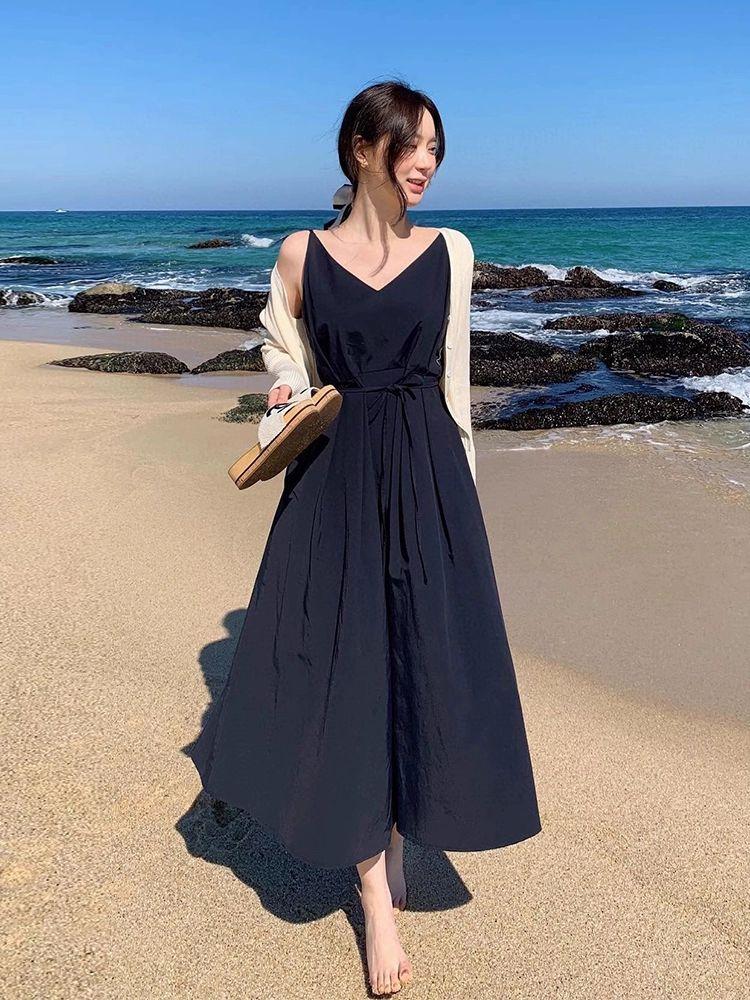 휴양지 빅사이즈 원피스 구김없는 브이넥 바캉스 여성 민소매 해외여행 바닷가 의상 패션 다크네이비 프리사이즈 - 상세 이미지 3