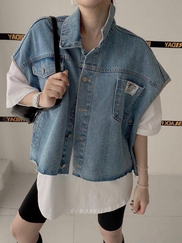 반팔자켓 캐주얼룩 허리자켓 여성 데일리 의상 데이트룩 데님 청자켓 여자 봄 가을 블루 프리사이즈 - 상세 이미지 2