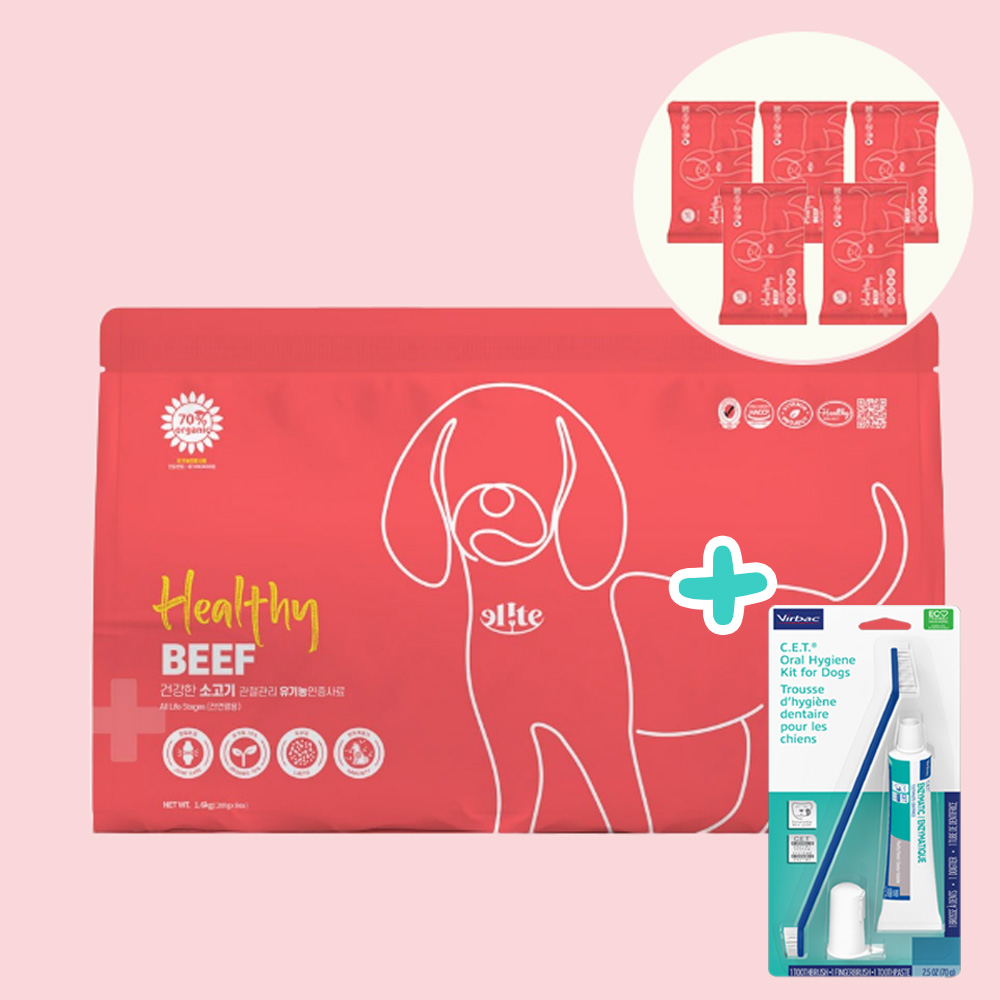 [버박닭고기맛치약세트+샘플5P] 엘릿 엘리트 유기농 강아지 사료 소고기, 1.6kg, 1개