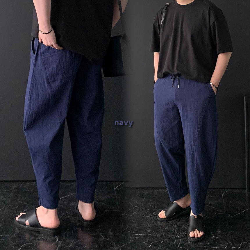 남자 여름 린넨 바지 9부 벌룬핏 와이드 고무줄 밴딩 슬랙스 팬츠 항아리 마바지 - 상세 이미지 3