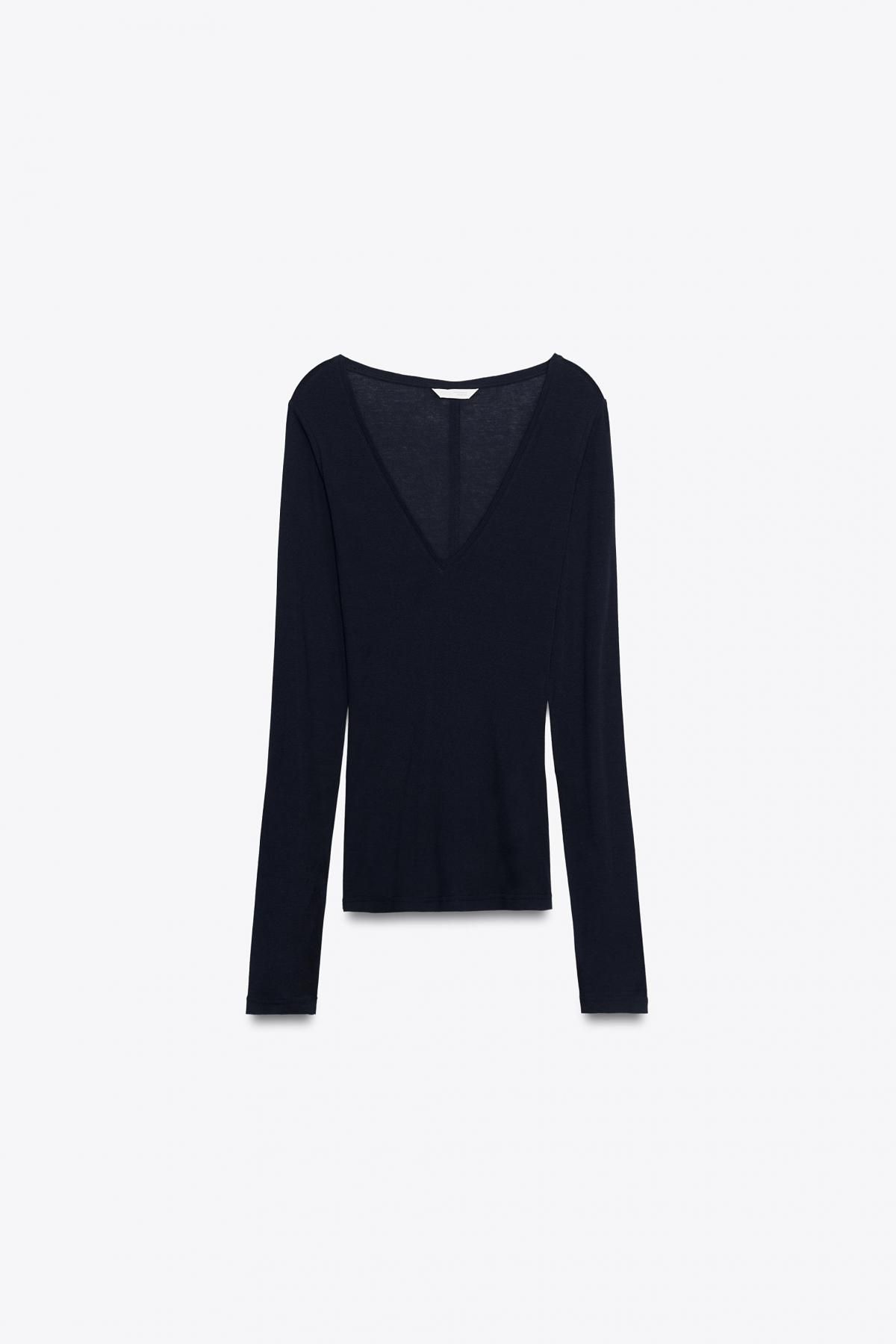 자라 베이직 브이넥 슬림핏 긴팔 티셔츠 4786/453 NAVY BLUE - 상품 이미지
