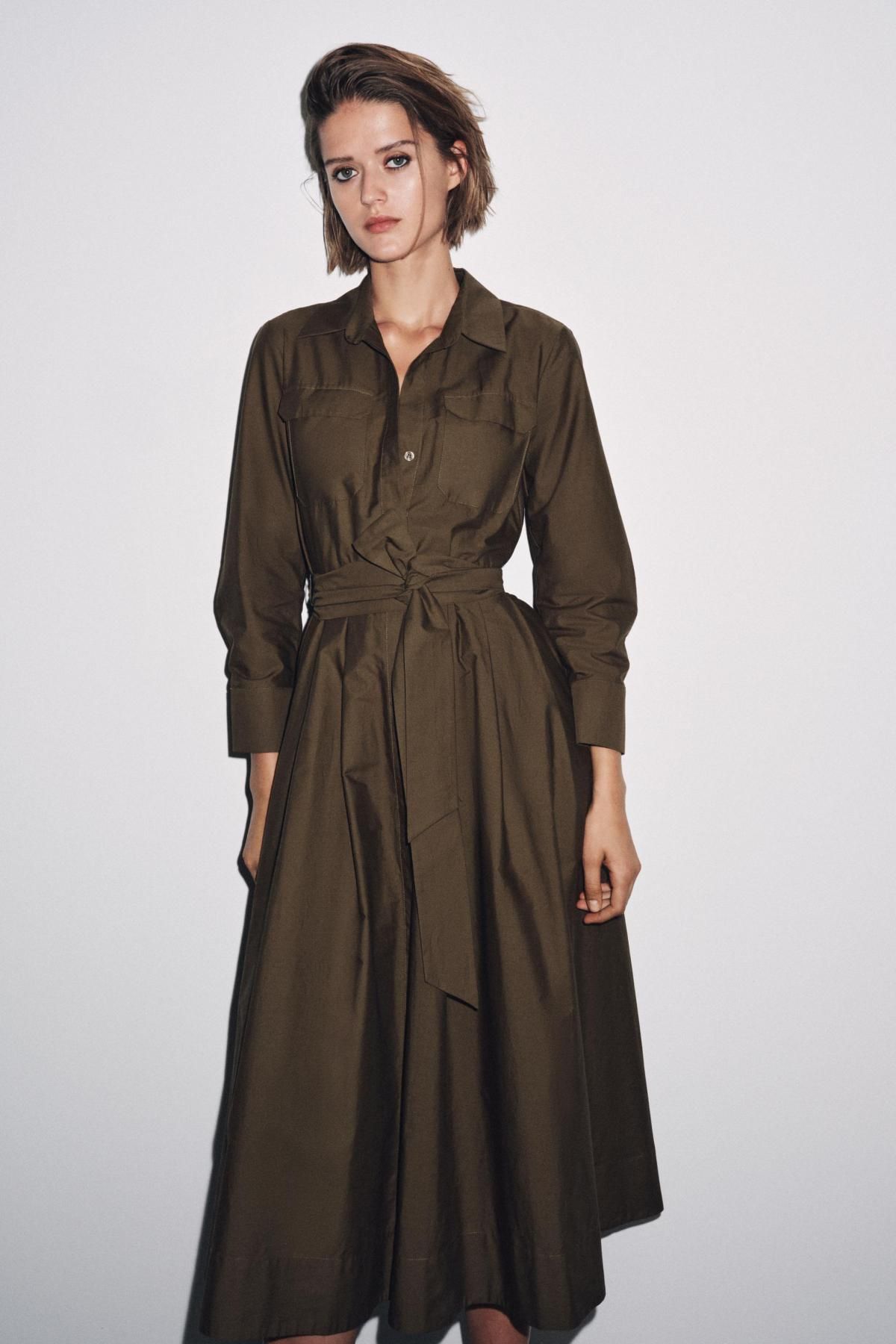 자라 테크니컬 코튼 포플린 미디 셔츠 원피스 8622/654 DARK KHAKI - 상세 이미지 3