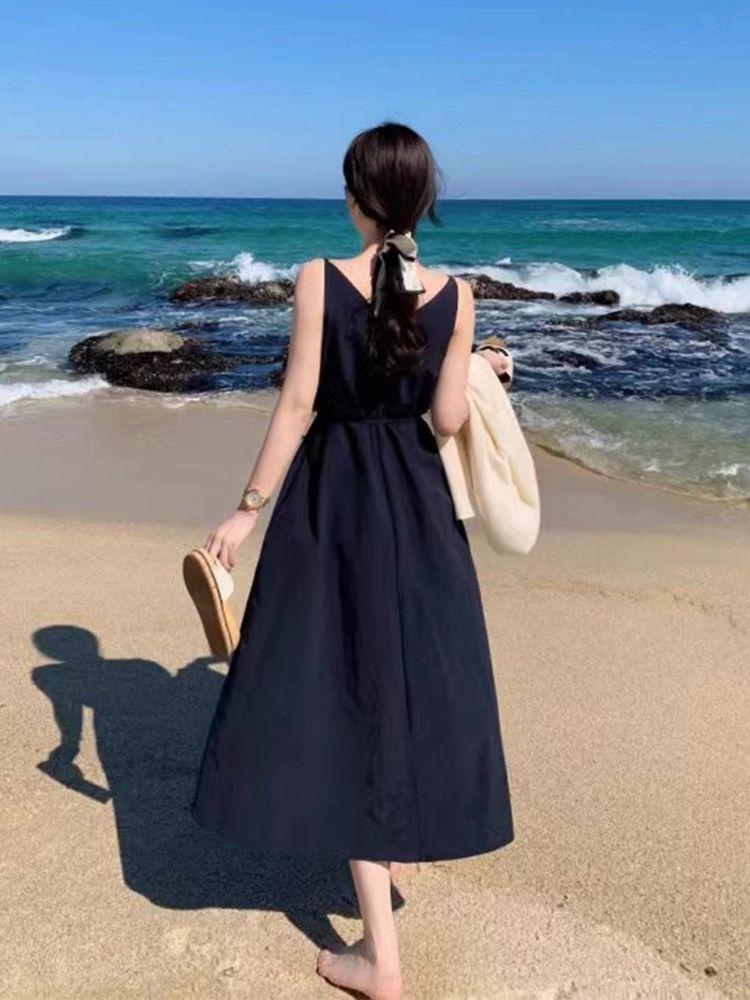 휴양지 빅사이즈 원피스 구김없는 브이넥 바캉스 여성 민소매 해외여행 바닷가 의상 패션 다크네이비 프리사이즈 - 상세 이미지 5