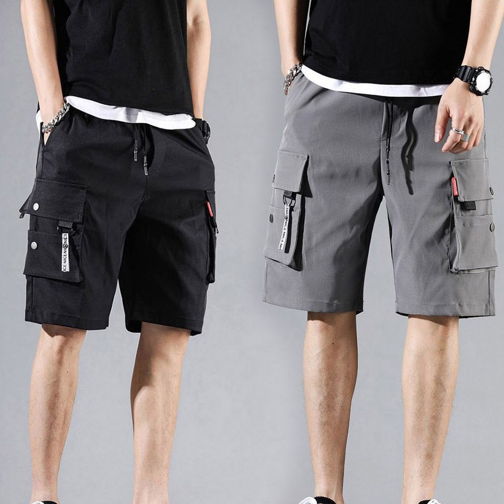 포켓 밴딩 카고 캐주얼 허리 스타일 반바지 남자 남성 블랙 - 상품 이미지