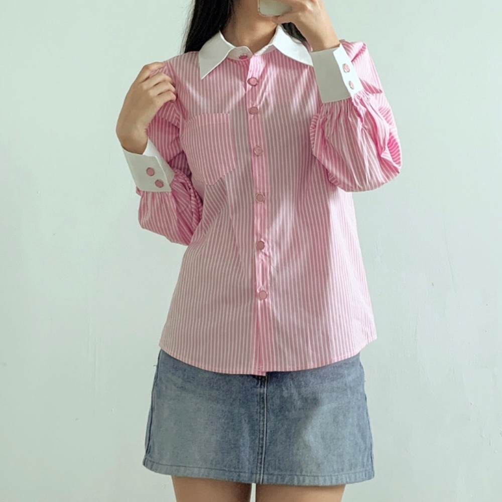 셔츠형블라우스 오픈카라 스트라이프 블루 출근룩 가을 블라우스 이미지 7