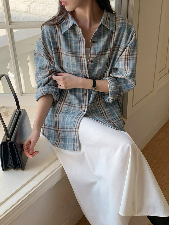 [자체제작] [루즈핏 체크셔츠] 블루 체크 긴팔 남방 오버핏 가을 데일리 셔츠 bs8340 - 상세 이미지 4