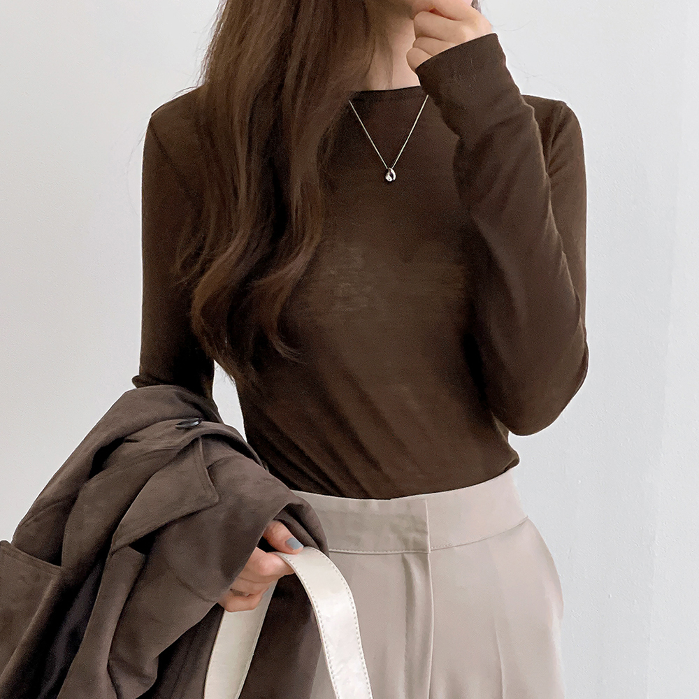 슬림핏 시스루 울 텐셀티셔츠 여성 이너 긴팔 티셔츠 - 메인 이미지
