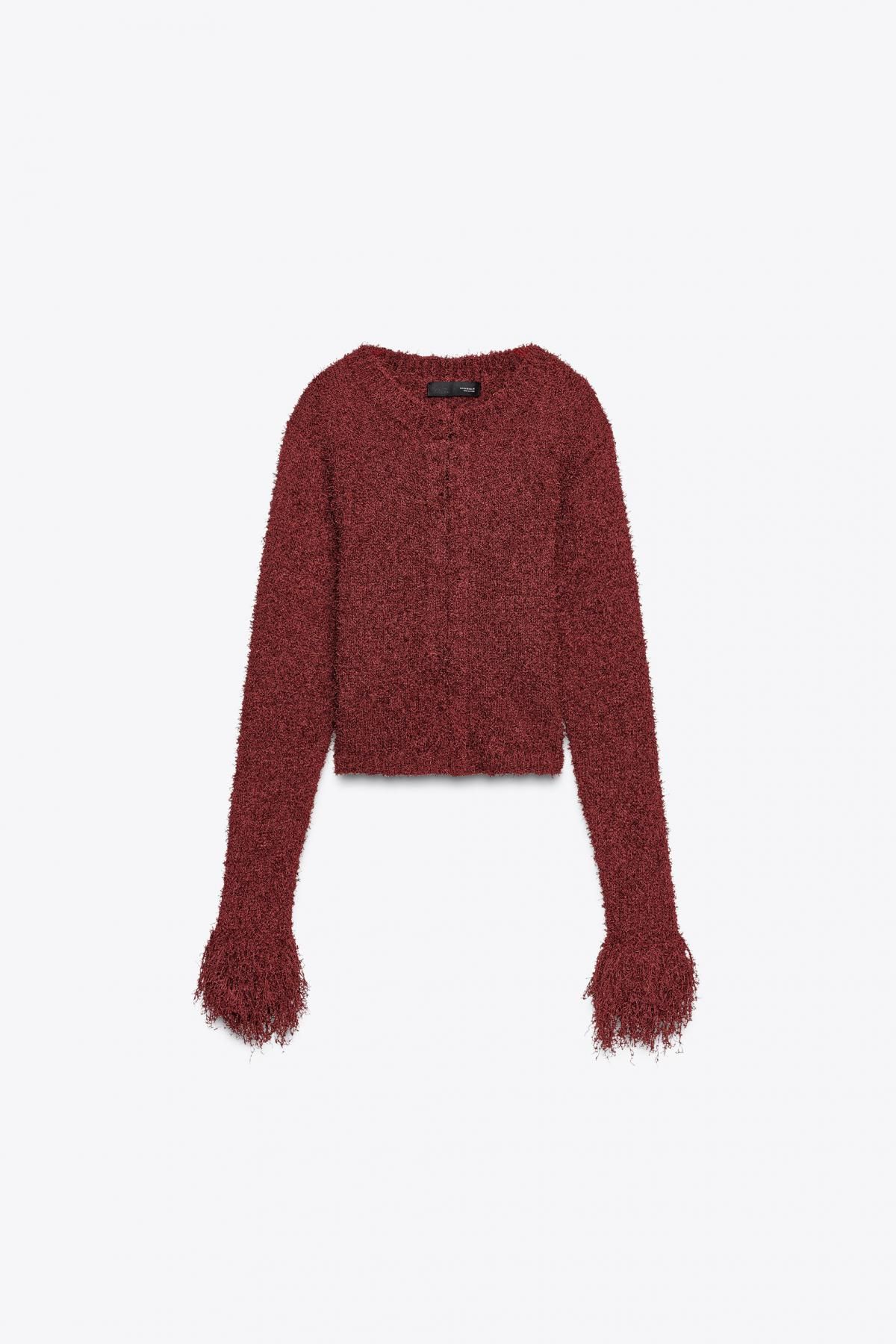 자라 프린지 라운드넥 니트 가디건 0021/103 DARK BURGUNDY - 메인 이미지