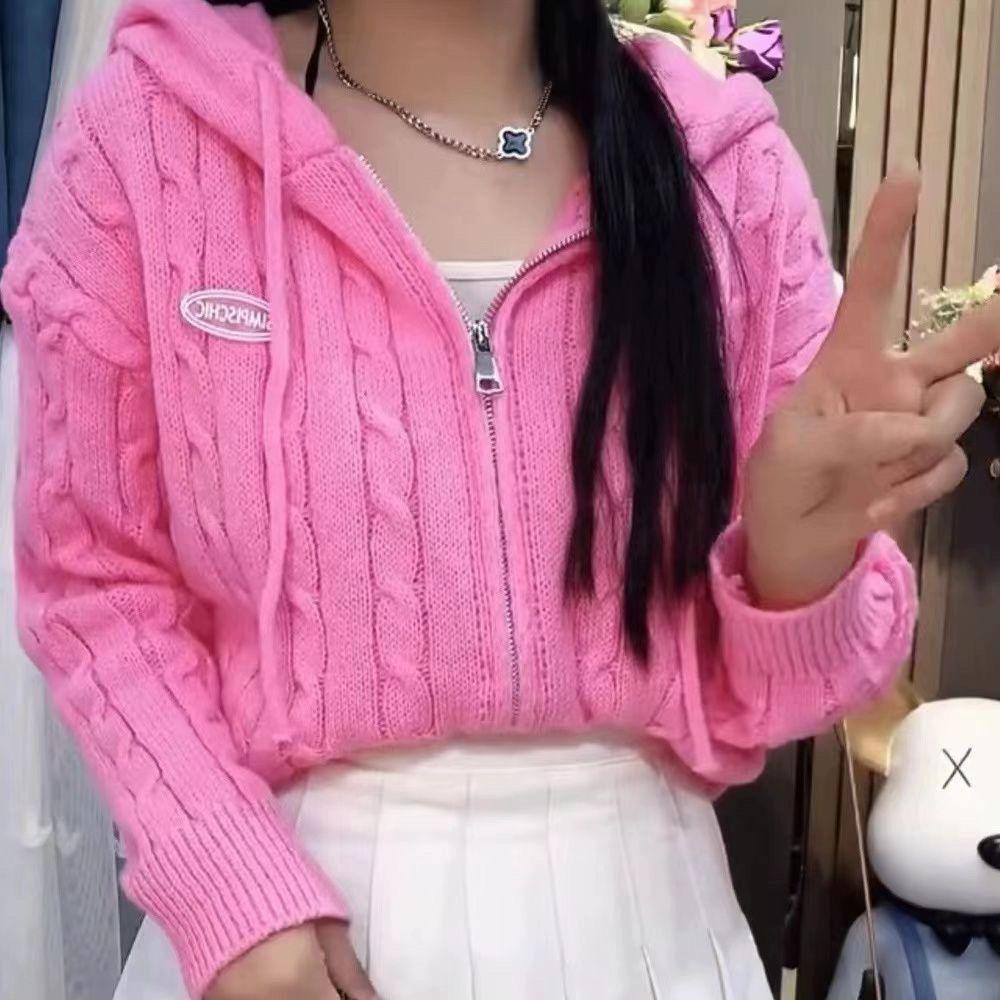 니트후드집업 핑크 니트 세미크롭 그린 가디건 S 37.5-45.0kg - 메인 이미지