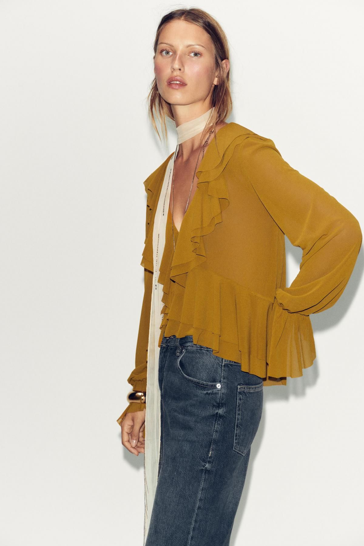 자라 러플 브이넥 플루이드 블라우스 5039/211 OLIVE GREEN - 상세 이미지 4